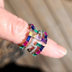 Multi Gem bagette sterling barrel ring sz 5.5